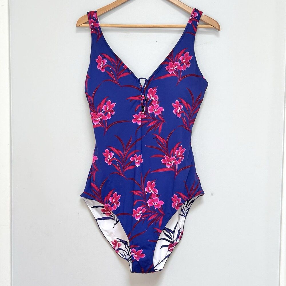 NWT Tommy Bahama Reversible One Piece Swimsuit UPF 50 Floral Blue Pink Size 14
